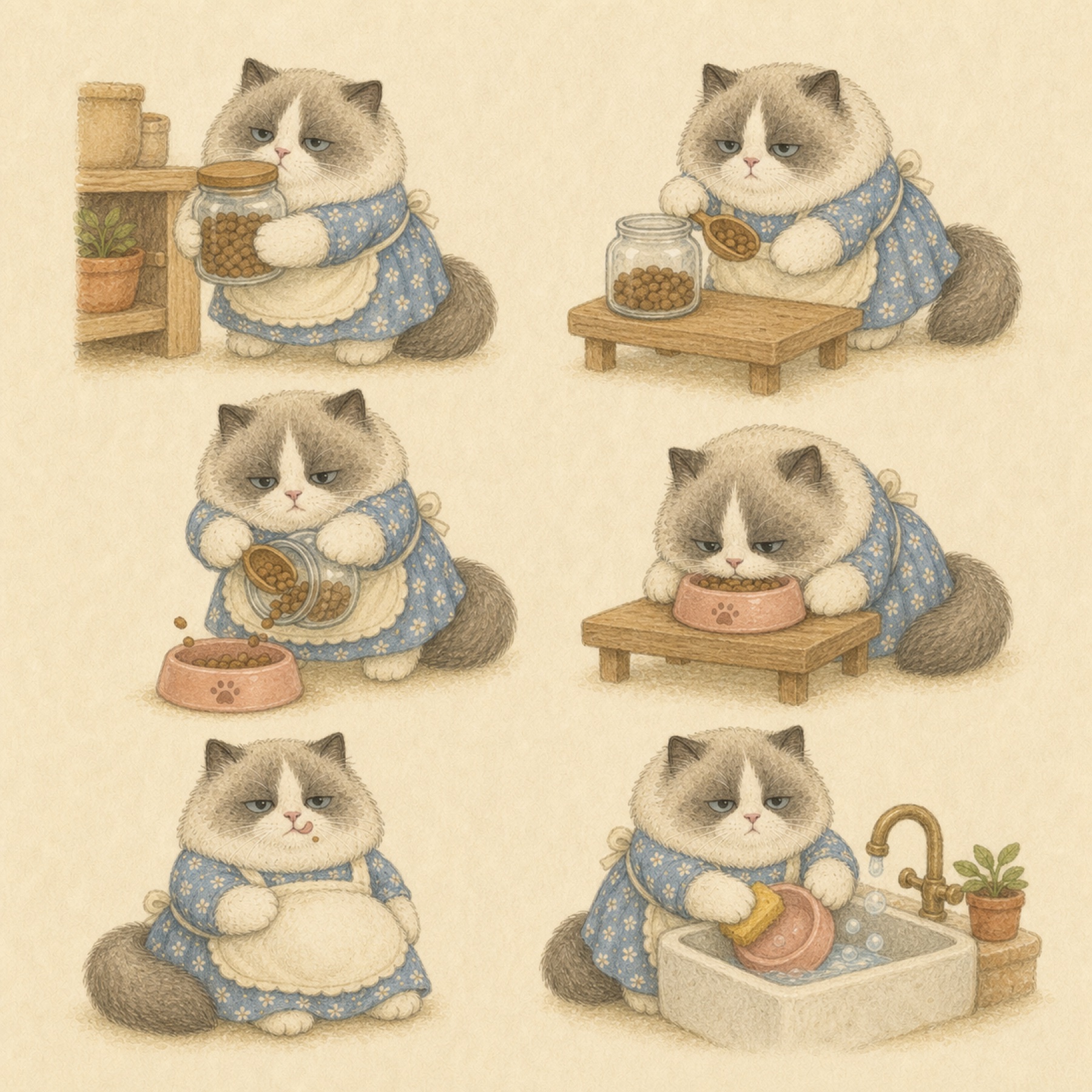 Cobee 媽媽準備吃飯與洗碗的日常插畫